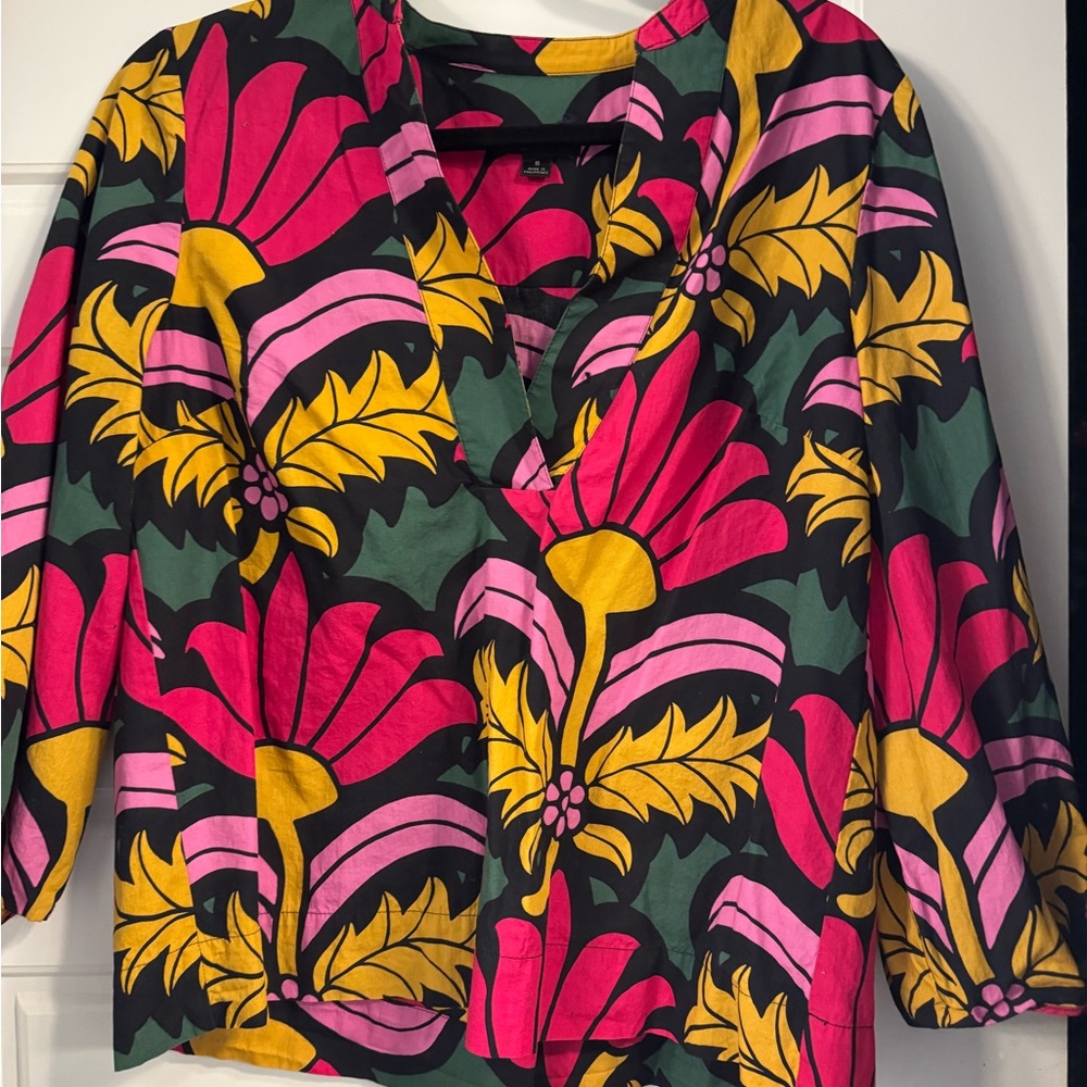 J. Crew Pink Graphic Boxy Blouse with Notched Collar